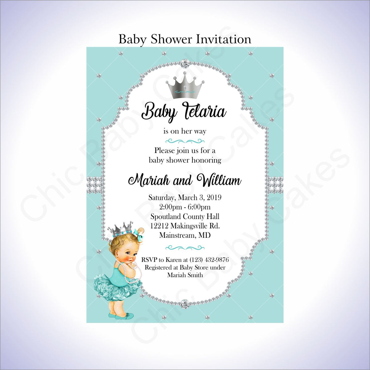 Teal & Silver Girl Baby Shower Invitation, Blonde