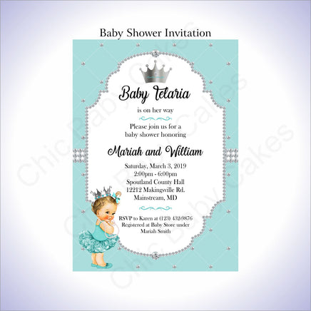Teal & Silver Girl Baby Shower Invitation, Brunette
