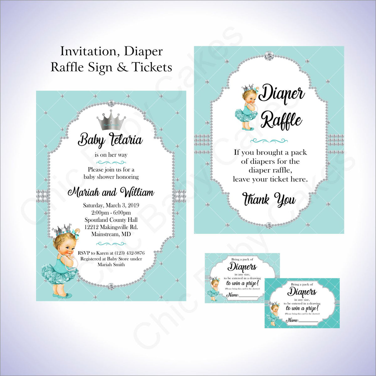 Teal & Silver Girl Baby Shower Invite Set, Blonde