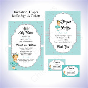 Teal & Silver Girl Baby Shower Invite Set, Blonde