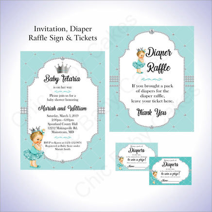 Teal & Silver Girl Baby Shower Invite Set, Blonde