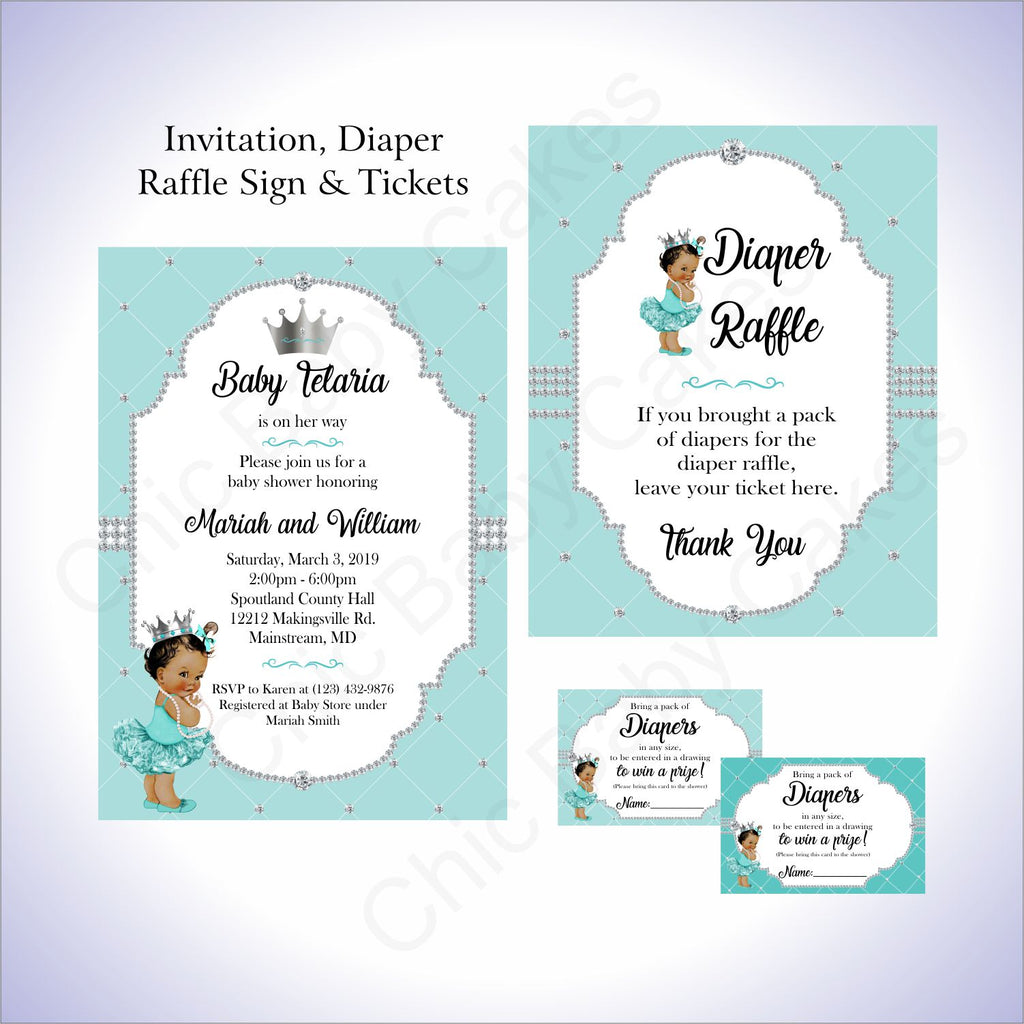 Teal & Silver Girl Baby Shower Invite Set, Brown