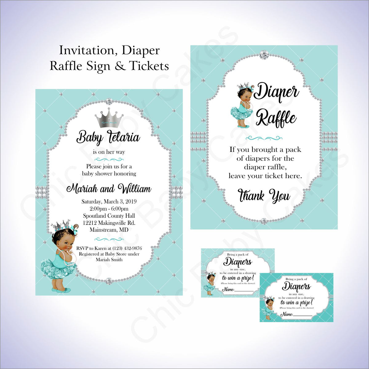 Teal & Silver Girl Baby Shower Invite Set, Brown