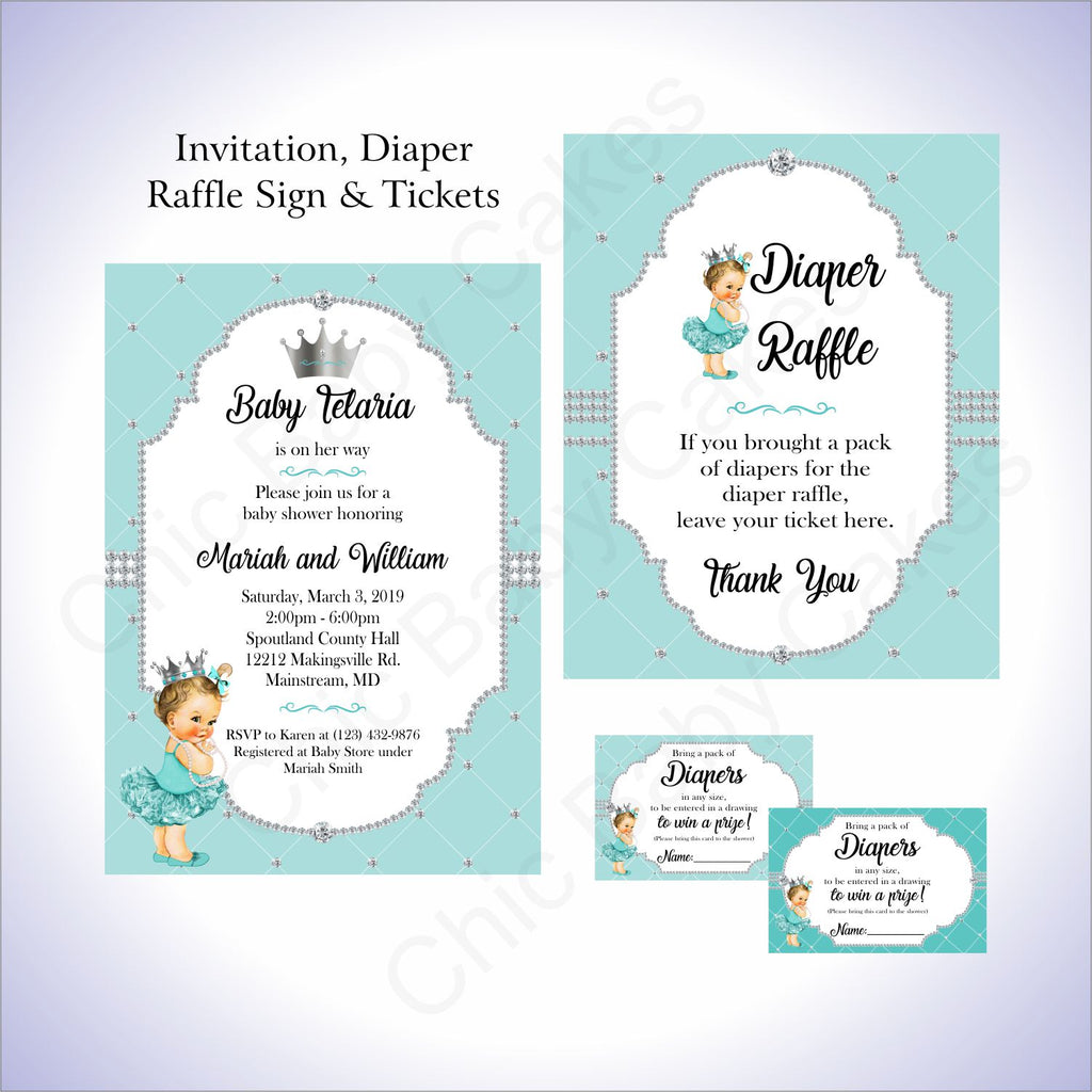 Teal & Silver Girl Baby Shower Invite Set, Brunette