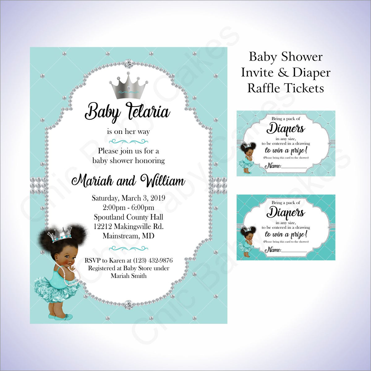 Princess Invite, Diaper Raffle - Teal, Silver