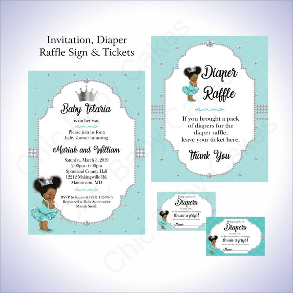 Teal & Silver Girl Baby Shower Invite Set, Afro