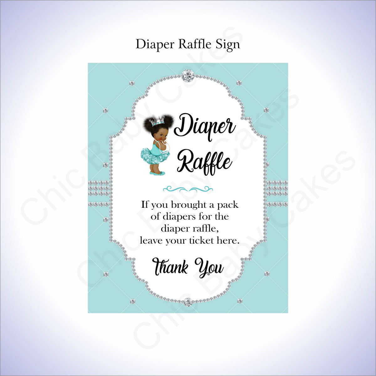 Teal & Silver Girl Diaper Raffle Sign, Curly Afro