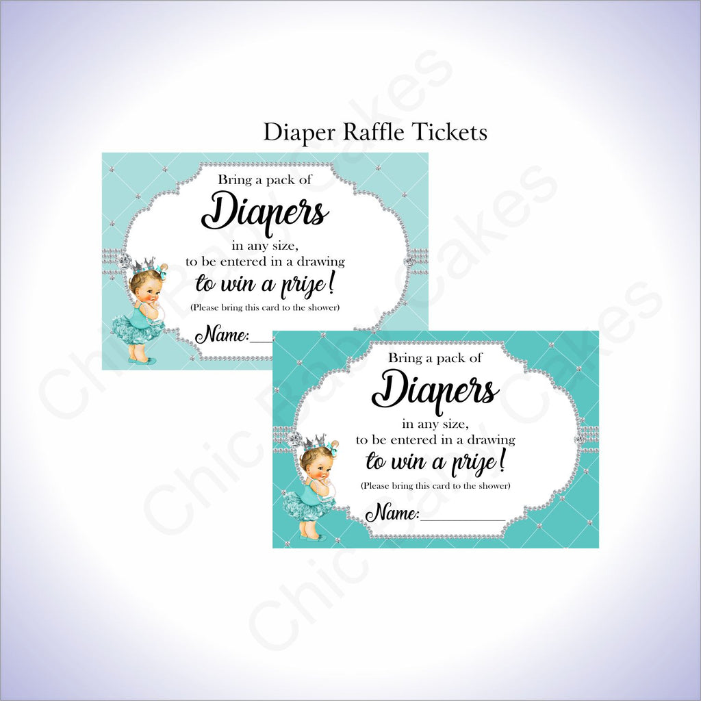 Teal & Silver Girl Diaper Raffle Sign Tickets, Brunette