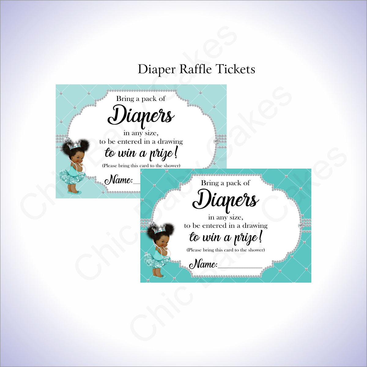 Teal & Silver Girl Diaper Raffle Sign Tickets, Afro