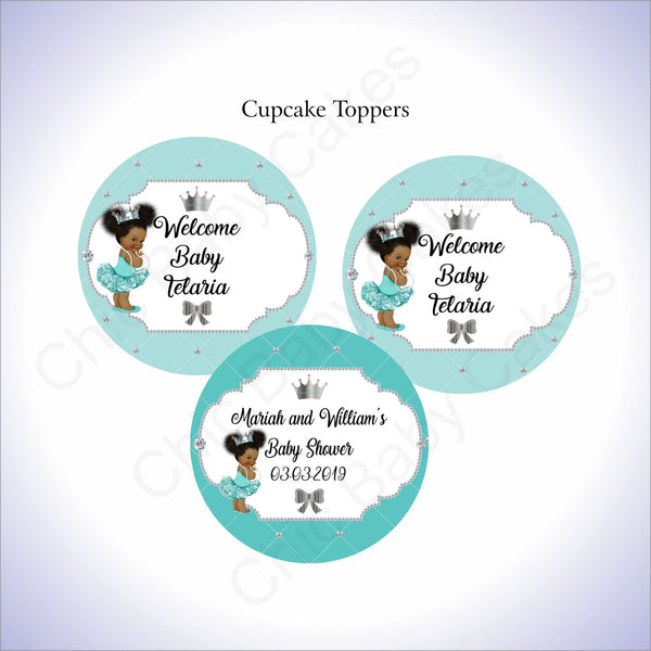 Teal & Silver Princess Cupcake Toppers, Afro