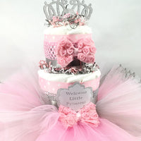 Pink & Silver Girl Baby Shower Tutu Diaper Cake
