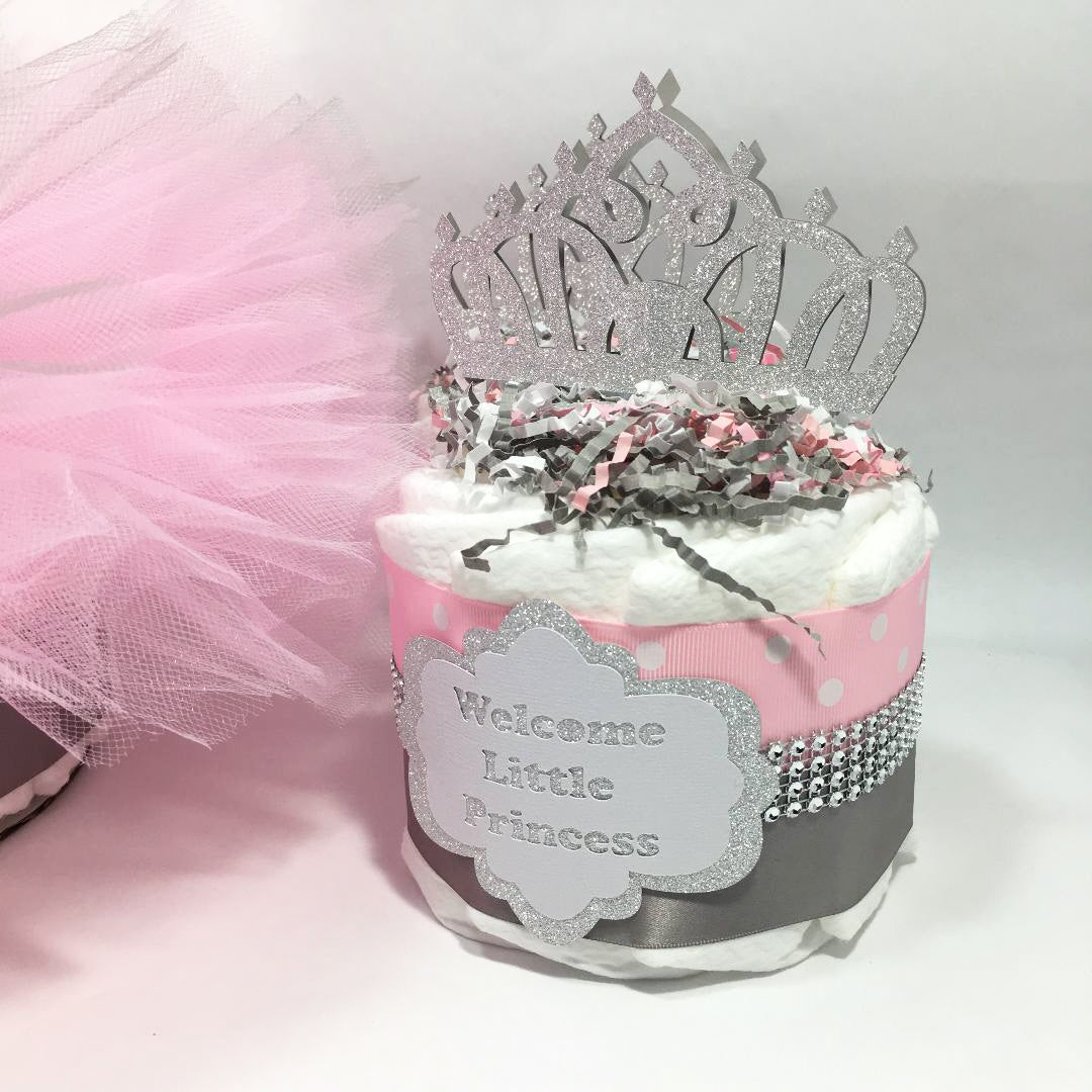 Princess Tutu Diaper Cake Set - Pink, Silver