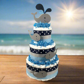 Navy, Light Blue, & Gray Whale Baby Shower Diaper Cake