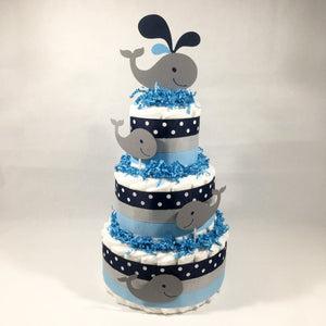 Navy, Light Blue, & Gray Whale Baby Shower Diaper Cake