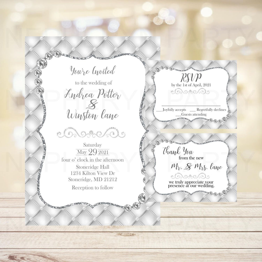 White Diamonds Wedding Invite, RSVP Cards & Thank You Notes