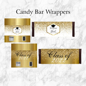 Graduation Candy Bar Wrappers, White & Gold