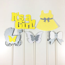 Yellow & Gray It's a Girl Baby Shower Centerpiece Sticks